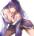  1girl all_fours bangs bare_shoulders black_panties breasts cleavage collarbone commentary english_commentary eyebrows_visible_through_hair genshin_impact highres japanese_clothes kimono large_breasts liaowen long_hair long_sleeves looking_at_viewer mole mole_under_eye off_shoulder panties parted_lips purple_eyes purple_hair purple_kimono raiden_shogun simple_background solo underwear white_background 