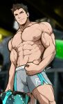  1boy abs absurdres bara bulge dolphin_shorts grey_shorts highres kuroshinki large_pectorals looking_at_viewer male_focus muscular muscular_male navel navel_hair nipples original partially_unzipped pectorals r-type_final raised_eyebrow short_hair shorts smile solo stomach thick_thighs thighs topless_male veins zipper 
