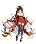  1girl absurdly_long_hair absurdres ahoge azur_lane bangs bare_shoulders bird_mask black_hair black_legwear breasts cleavage crossed_bangs floral_print folding_fan full_body hair_ribbon hand_fan highres japanese_clothes kimono large_breasts long_hair looking_at_viewer mask mask_on_head obi off-shoulder_kimono parted_lips red_eyes red_kimono ribbon sandals sash short_kimono smile solo striped striped_ribbon taihou_(azur_lane) thighhighs twintails very_long_hair zeukiar 