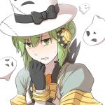  1girl bags_under_eyes bangs black_bow black_gloves bow character_print clenched_teeth coat commentary_request double_bun eyebrows_visible_through_hair ghost gloves green_eyes green_hair grey_coat hair_between_eyes hat hat_bow headset looking_at_viewer natsuya_(kuttuki) print_headwear ragnarok_online short_hair simple_background solo teeth top_hat upper_body warlock_(ragnarok_online) whisper_(ragnarok_online) white_background white_headwear 