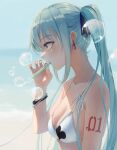  1girl absurdres aqua_eyes aqua_hair arm_tattoo bangs bikini bikini_top black_ribbon blue_background bracelet breasts bubble bubble_blowing bubble_pipe cleavage commentary earrings from_side hair_over_shoulder hatsune_miku highres holding jewelry long_hair mouth_hold nail_polish print_bikini profile red_nails ribbon shade shun&#039;ya_(daisharin36) sidelocks skindentation solo string_bikini swimsuit tattoo twintails upper_body vocaloid 