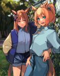  2girls absurdres animal_ears aqua_eyes blue_eyes blurry blurry_background brown_hair casual chain-link_fence collared_shirt commentary depth_of_field ear_ribbon eyebrows_visible_through_hair fence fuyukayui grass_wonder_(umamusume) hand_in_pocket high_ponytail highres horse_ears horse_girl horse_tail jacket letterman_jacket light_brown_hair long_hair looking_at_viewer multicolored_hair multiple_girls open_clothes open_jacket pants shirt shorts taiki_shuttle_(umamusume) tail two-tone_hair umamusume 
