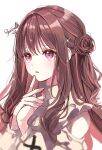  1girl blush brown_hair dress hair_ornament highres long_hair open_mouth original pink_eyes puracotte signature solo upper_body white_background 