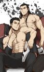  2boys abs absurdres bara basilo_(trese) black_sclera colored_sclera crispin_(trese) highres jacket jacket_removed kuroshinki long_hair looking_at_viewer male_focus mask multiple_boys muscular muscular_male navel nipples on_person pectorals short_hair sideburns smile stomach topless_male trese veins 