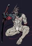  1boy abs bara bare_pectorals brown_hair fate/grand_order fate_(series) fundoshi igote japanese_clothes large_pectorals looking_at_viewer male_focus mask men_cho muscular muscular_male no_pants pectorals planted planted_sword sitting solo stomach sword tanaka_shinbei_(fate) thighs weapon 