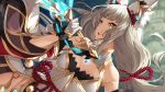  1girl bangs bare_shoulders breasts chest_jewel detached_sleeves gloves hair_ornament holding holding_weapon long_hair low_twintails nia_(blade)_(xenoblade) nia_(xenoblade) parted_lips silver_hair small_breasts solo twintails weapon wide_sleeves xenoblade_chronicles_(series) xenoblade_chronicles_2 yappen yellow_eyes 