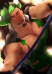  1boy abs absurdres bara black_hair blurry blush bodysuit covered_abs crotch_grab crow_(siranui) dark_skin facial_hair goatee green_eyes groping highres jacket jacket_on_shoulders large_pectorals looking_at_viewer male_focus mask mask_removed multicolored_hair muscular muscular_male pectoral_cleavage pectorals penis penis_peek removing_mask simple_background skin_tight solo_focus taurus_mask tearing_up tight tokyo_afterschool_summoners torn_bodysuit torn_clothes upper_body wrestling_outfit 
