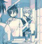  2boys bangs bathroom black_hair black_shirt blue_oak brushing_teeth bubble character_print commentary_request cup hair_between_eyes horsea indoors itome_(funori1) male_focus mirror multiple_boys one_eye_closed pokemon pokemon_adventures red_(pokemon) shirt short_hair short_sleeves sleepy spiked_hair t-shirt tile_wall tiles toothbrush towel towel_around_neck 