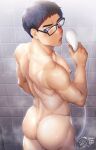  1boy ass back bara bathroom black_hair blue_eyes blush glasses highres holding holding_shower_head konpenpen large_pectorals looking_back male_focus muscular muscular_male nipples nude open_mouth original pectorals reward_available short_hair shower_head solo steam tan tanlines twitter_username wet 