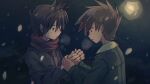  2boys bangs blue_oak breath brown_hair closed_mouth cold commentary_request hair_between_eyes holding_hands itome_(funori1) jacket long_sleeves looking_down male_focus multiple_boys night outdoors parted_lips pokemon pokemon_adventures red_(pokemon) scarf short_hair snowing spiked_hair upper_body 
