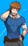  1boy absurdres arm_behind_head bara blue_background blue_eyes gloves highres kuroshinki looking_at_viewer male_focus muscular muscular_male one_eye_closed original pants shirt simple_background smile solo 