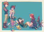  4boys aipom blue_oak boots brown_footwear brown_hair commentary_request crossed_arms ethan_(pokemon) flying_sweatdrops green_pants itome_(funori1) long_hair male_focus multiple_boys pants pichu pokemon pokemon_(creature) pokemon_adventures red_(pokemon) red_hair shirt short_hair short_sleeves shorts silver_(pokemon) sit-up sitting sneasel spiked_hair stool t-shirt 