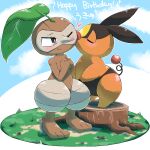  artist_name chizi english_text full_body grass happy_birthday heart highres kiss no_humans nuzleaf one_eye_closed pokemon pokemon_(creature) smile standing tepig tree_stump 