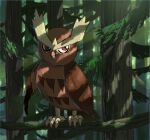  beak bird closed_mouth commentary_request day forest illustration_room_nagi nature noctowl outdoors owl pokemon red_eyes standing talons tree 