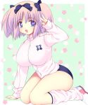  1girl :d bangs blue_bow blue_buruma blue_eyes bow breasts buruma commentary_request eyebrows_visible_through_hair floral_print flower-shaped_pupils hair_bow hand_up hibari_(senran_kagura) large_breasts long_sleeves looking_at_viewer loose_socks multiple_hair_bows nnmi11 pink_hair pink_legwear pink_pupils senran_kagura shoes short_twintails sitting sleeves_past_wrists smile solo symbol-shaped_pupils turtleneck twintails wariza white_footwear 