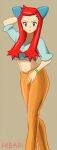  1girl arm_behind_head blue_bow blue_shirt bow bracelet breasts brown_pants collarbone commentary_request cropped_shirt eyelashes hand_up highres jewelry long_hair looking_at_viewer nakaba navel pants parted_lips pokemon pokemon_(anime) pokemon_(classic_anime) red_hair shirt short_sleeves solo standing trixie_(pokemon) 