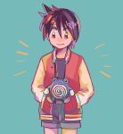  1boy bangs belt_buckle black_shirt brown_eyes brown_hair buckle buttons closed_mouth collared_jacket commentary_request cowboy_shot green_background grey_shorts hands_in_pockets itome_(funori1) jacket jewelry long_sleeves looking_down male_focus necklace pokemon pokemon_adventures poliwhirl red_(pokemon) red_jacket shirt short_hair shorts simple_background smile themed_object 