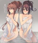  2girls ashiyu black_hair blush breasts brown_eyes brown_hair closed_mouth collarbone flower flying_sweatdrops hair_flower hair_ornament highres kantai_collection kasumi_(skchkko) large_breasts long_hair multiple_girls nagato_(kancolle) naked_towel onsen parted_lips pink_flower sitting soaking_feet towel translation_request yamato_(kancolle) 