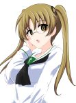  1girl absurdres aikir_(jml5160) bangs black_ribbon blouse brown_eyes brown_hair commentary empty_eyes eyebrows_visible_through_hair girls_und_panzer glasses hair_ribbon hand_on_own_face highres long_hair long_sleeves looking_at_viewer neckerchief ooarai_school_uniform oono_aya open_mouth ribbon rimless_eyewear round_eyewear sailor_collar school_uniform simple_background solo twintails white_background white_blouse white_sailor_collar 