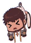  &gt;_&lt; 1boy ass bai_ma bara beard brown_hair chibi clothes_pull cross cross_necklace dungeon_and_fighter facial_hair full_body jewelry keychain male_focus male_priest_(dungeon_and_fighter) necklace pants pants_pull shirt_grab solo white_background 