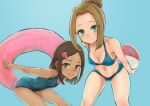  2girls ball bare_arms beachball bent_over bikini blue_background breasts brown_eyes brown_hair cleavage closed_mouth commentary dark-skinned_female dark_skin eyelashes hair_bun hair_ornament hair_tie hairclip holding holding_innertube innertube knees looking_at_viewer mochoi_soku multiple_girls navel one-piece_swimsuit open_mouth pokemon pokemon_(game) pokemon_dppt simple_background smile swimmer_(pokemon) swimsuit teeth tied_hair tongue tuber_(pokemon) upper_teeth 