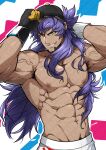  1boy abs absurdres adjusting_clothes adjusting_headwear alternate_pectoral_size armpits bara biceps commentary grin hairy highres kuroshinki leon_(pokemon) long_hair looking_at_viewer male_focus muscular muscular_male nipples pectorals pokemon pokemon_(game) pokemon_swsh purple_hair smile solo topless_male veins 