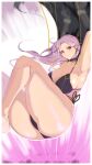  1girl arm_behind_head arm_up armpits ass bangs bare_shoulders bikini black_bikini blush breasts carmilla_(fate) carmilla_(swimsuit_rider)_(fate) choker cleavage collarbone curly_hair fate/grand_order fate_(series) forehead highres large_breasts long_hair looking_at_viewer parted_bangs smile solo swimsuit thighs white_hair yellow_eyes zumizu 