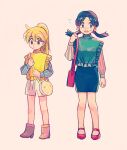  2girls bag bangs black_eyes blonde_hair blue_eyes boots brown_footwear closed_mouth commentary_request earrings flying_sweatdrops green_vest grey_background hand_up high_heel_boots high_heels itome_(funori1) jewelry kris_(pokemon) long_hair long_sleeves multiple_girls pokemon pokemon_adventures ponytail red_footwear shirt shoes shorts shoulder_bag simple_background skirt standing striped striped_shirt sweatdrop twintails vertical-striped_shirt vertical_stripes vest yellow_(pokemon) yellow_vest 