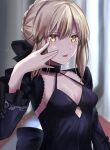  1girl absurdres artoria_pendragon_(fate) blonde_hair blurry blurry_background blush breasts choker cleavage commentary_request dress eyebrows_visible_through_hair fate/grand_order fate/stay_night fate_(series) hair_between_eyes hair_bun highres long_hair looking_at_viewer saber_alter shadow sii_artatm small_breasts tongue tongue_out upper_body yellow_eyes 