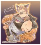  1boy animal_costume animal_ears animal_nose bandages bara black_tank_top blonde_hair blush closed_mouth fur_collar granblue_fantasy green_eyes halloween halloween_costume highres jacket large_pectorals looking_at_viewer male_focus muscular muscular_male official_alternate_costume orange_jacket osu(statatatatatata) pectoral_cleavage pectorals short_hair smile solo tank_top upper_body vane_(granblue_fantasy) watermark wolf_boy wolf_costume wolf_ears wolf_paws 