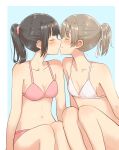  2girls absurdres betock bikini black_hair blue_background blush border breasts closed_eyes closed_mouth collarbone commentary_request feet_out_of_frame highres kiss light_brown_hair long_hair multiple_girls navel original pink_bikini ponytail simple_background sitting small_breasts swimsuit white_bikini white_border yuri 