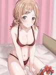  1girl between_legs blush bow breasts brown_eyes brown_hair closed_mouth collarbone commentary drill_hair hair_ornament hair_ribbon hairclip hand_between_legs idolmaster idolmaster_shiny_colors indoors long_hair looking_at_viewer medium_breasts mm_(pomeme4) navel on_bed red_bow red_ribbon ribbon sakuragi_mano sitting smile solo twin_drills twintails underwear underwear_only 