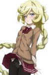  1girl braid braided_ponytail cardigan carol_malus_dienheim fujikawa_daichi mole mole_under_eye panties panties_under_pantyhose pantyhose school_uniform senki_zesshou_symphogear shiny shiny_hair solo underwear 