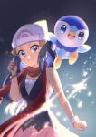  1girl beanie black_hair black_shirt bracelet closed_mouth dawn_(pokemon) eyelashes grey_eyes hair_ornament hairclip hat highres jewelry long_hair looking_at_viewer pani_(k43282) pink_skirt piplup pokemon pokemon_(creature) pokemon_(game) pokemon_dppt red_scarf scarf shirt sidelocks skirt sleeveless sleeveless_shirt smile symbol-only_commentary white_headwear 