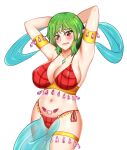  1girl arabian_clothes arm_strap armpits arms_behind_head arms_up bandeau blush bra breasts bustier cleavage dancer embarrassed gold green_hair harem_outfit jewelry kazami_yuuka large_breasts loincloth midriff navel necklace panties pelvic_curtain pendant plaid plaid_bra plaid_panties pubic_tattoo puck100ml red_bra red_eyes red_panties revealing_clothes see-through short_hair simple_background solo tattoo thigh_strap thighs touhou underwear white_background 