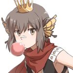  1girl armor assassin_cross_(ragnarok_online) bandaid bandaid_on_nose bangs black_leotard brown_eyes brown_hair bubble_blowing butterfly_wings chewing_gum commentary_request crown double_bun eyebrows_visible_through_hair head_wings leotard looking_at_viewer natsuya_(kuttuki) orange_wings pauldrons ragnarok_online red_scarf scarf short_hair shoulder_armor simple_background solo upper_body white_background wings 