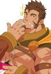  1boy abs bara belt brown_hair cape chain chest_harness cream cream_on_face cross_scar crow_(siranui) eating facial_hair finger_in_mouth food food_on_face goatee harness heracles_(housamo) highres ice_cream large_pectorals long_sideburns looking_at_viewer male_focus muscular muscular_male nipples open_mouth pectorals scar scar_on_chest sexually_suggestive short_hair sideburns simple_background solo suggestive_fluid tokyo_afterschool_summoners 