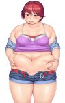  1girl bangs belly_grab belt belt_buckle blush breasts buckle commentary_request cowboy_shot denim denim_shorts digimon digimon_savers eyebrows_visible_through_hair facing_viewer fujieda_yoshino highres looking_down midriff navel off_shoulder open_belt open_mouth orizen plump red_eyes red_hair shirt short_hair shorts simple_background solo swept_bangs thick_arms thick_thighs thighs white_background wristband 