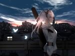  1girl blue_sky breasts bridge bug building butterfly cloud coat dusk elf from_side guitar hair_ornament hairclip holding holding_instrument honey_strap hood hooded_jacket hoodie instrument jacket long_hair looking_to_the_side outdoors pointy_ears purple_eyes river silver_hair sky solo sougetsu_eli twintails virtual_youtuber white_hair yuyu_(yuyuworks) 