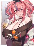  1girl azur_lane bangs bare_shoulders black_nails black_sweater breasts bremerton_(azur_lane) bremerton_(day-off_date)_(azur_lane) bubble_tea choker cup disposable_cup drinking_straw eyebrows_visible_through_hair eyelashes eyewear_hang eyewear_removed hair_between_eyes highres holding holding_cup huge_breasts jacket kuavera licking_lips mole mole_on_breast mole_under_eye multicolored_hair nail_polish open_clothes open_jacket pink_hair solo streaked_hair sunglasses sweater tinted_eyewear tongue tongue_out twintails upper_body white_jacket 