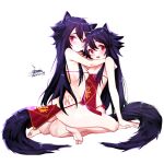  2girls animal_ears ass black_hair breasts chinese_commentary closed_mouth commentary_request dated ejami ekko_(ejami) fox_ears fox_girl fox_tail long_hair looking_at_viewer multiple_girls open_mouth original red_eyes signature simple_background smile tail white_background 