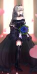  1girl absurdres artoria_pendragon_(fate) black_dress black_legwear bouquet braid breasts dress fate/grand_order fate/stay_night fate_(series) flower from_side hair_ribbon high_heels highres holding holding_bouquet holding_flower light looking_at_viewer petals ribbon saber_alter sii_artatm solo thighhighs veil wedding_dress 