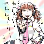  1girl bangs brown_eyes brown_hair commentary_request cosplay detached_sleeves drill_hair eighth_note hand_on_hip hatsune_miku hatsune_miku_(cosplay) headphones kusaki_ichiyama looking_at_viewer musical_note necktie ok_sign open_mouth parody pink_nails quarter_note real_life ringlets shirt sleeveless sleeveless_shirt solo tamura_yukari twin_drills voice_actor 
