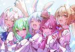 5girls :3 :d ;d ^_^ ^o^ animal_ear_fluff animal_ears arm_up arrow_through_heart ascot asymmetrical_hair blonde_hair blue_neckwear blush braid breasts bunny-shaped_pupils closed_eyes closed_mouth collared_dress commentary detached_sleeves double_bun dress eyebrows_visible_through_hair french_braid green_hair green_neckwear grin hair_between_eyes hair_ornament hat heterochromia highres hololive hololive_fantasy houshou_marine idol light_blue_hair lineup long_hair looking_at_viewer medium_breasts medium_hair mini_hat multiple_girls official_alternate_costume one_eye_closed open_mouth orange_ascot pointy_ears rabbit_ears red_eyes red_hair red_neckwear shiranui_flare shirogane_noel short_hair shuri_(84k) silver_hair single_braid smile symbol-shaped_pupils thick_eyebrows tiara twintails upper_body uruha_rushia usada_pekora v v-shaped_eyebrows virtual_youtuber white_dress wing_collar yellow_eyes 