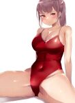  1girl breasts cleavage commentary_request competition_school_swimsuit cowboy_shot grey_hair highleg highleg_swimsuit highres kairi_(miry666) large_breasts long_hair looking_at_viewer original ponytail red_eyes red_swimsuit school_swimsuit simple_background solo spread_legs swimsuit white_background 