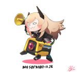  absurdres banana_(girls&#039;_frontline) bangs black_jacket blonde_hair blush_stickers chibi girls&#039;_frontline gloves headgear highres jacket long_hair m4_sopmod_ii_jr redshark7839 skirt 