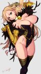  1girl absurdres aqua_eyes arm_up armpits bangs black_legwear blonde_hair breasts choker cleavage commission dutch_angle eiyuu_senki flipped_hair gauntlets gilgamesh_(eiyuu_senki) grey_background highleg highleg_leotard highres kome_(vm500) large_breasts leotard long_hair looking_at_viewer parted_bangs parted_lips second-party_source simple_background skeb_commission solo thighhighs very_long_hair 