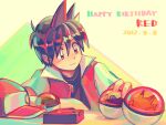  1boy bangs baseball_cap blush bulbasaur buttons character_name closed_mouth commentary_request dated hair_between_eyes happy_birthday hat hat_removed headwear_removed holding holding_poke_ball itome_(funori1) jacket looking_down male_focus open_clothes open_jacket pikachu poke_ball poke_ball_(basic) pokemon pokemon_(creature) pokemon_adventures red_(pokemon) shirt short_hair smile spiked_hair table 