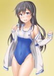  1girl alternate_costume anti_(untea9) asashio_(kancolle) bare_legs black_hair blue_eyes blue_swimsuit blush breasts collarbone covered_navel cowboy_shot embarrassed eyebrows_visible_through_hair gradient gradient_background hair_between_eyes high_school_fleet highres jacket kantai_collection long_hair long_sleeves looking_at_viewer new_school_swimsuit one-piece_swimsuit school_swimsuit small_breasts solo sweatdrop swimsuit swimsuit_under_clothes twitter_username two-tone_swimsuit white_jacket white_swimsuit yellow_background 