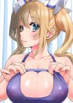  1girl absurdres bangs barbara_(genshin_impact) blonde_hair blue_eyes blush breasts cleavage closed_mouth collarbone commentary_request covered_nipples curtains eyebrows_visible_through_hair genshin_impact hair_between_eyes highres kntrs_(knyrs) large_breasts looking_at_viewer purple_sports_bra shiny shiny_skin sidelocks solo sports_bra twintails upper_body 